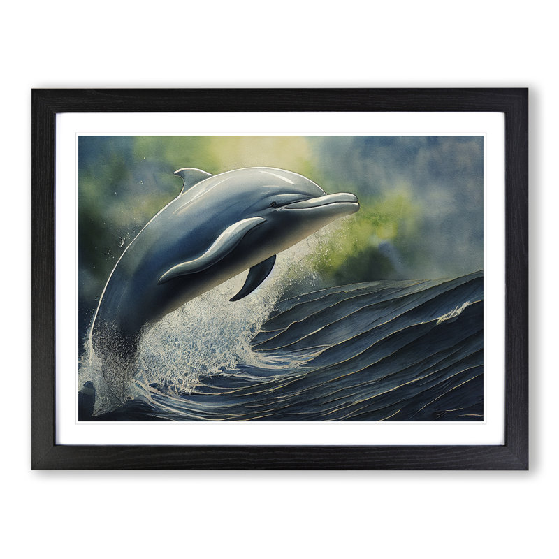 Watercolour Dolphin - Single Picture Frame Painting, 46cm H x 64cm W x 2cm D, Black
