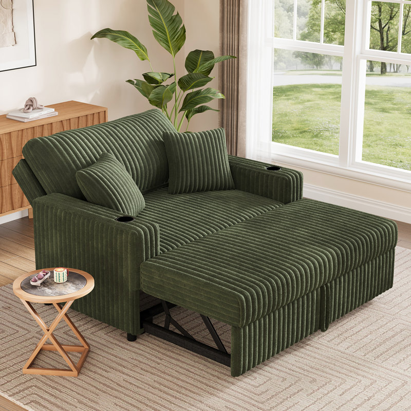 Canapé-lit escamotable avec méridienne, Tissu vertical en velours côtelé vert