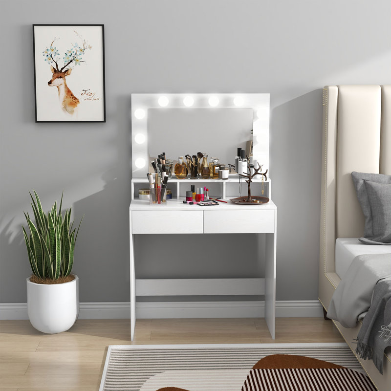 Vanity Table with LED Mirror, Makeup Desk with 2 Drawers, Black, White