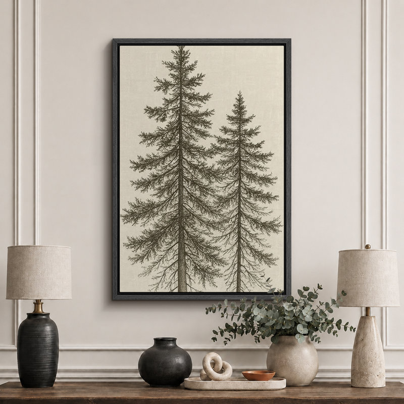 «Tall Pine Trees Classic Botanical Nature Art», reproduction d'art sur toile encadrée, H 24 po x l 16 po, Noir