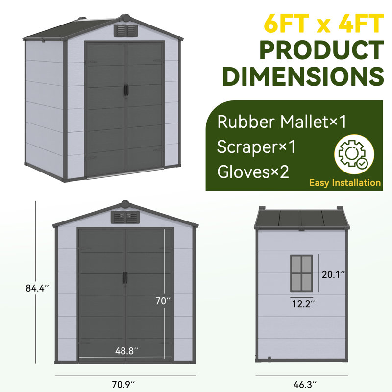 6 x 4 FT Outdoor Storage Shed, Resin Garden Tool Shed with Lockable Double Doors, Built-In Floor & Weather-Resistant Sloped Roof for Backyard Storage, Pool Supply
