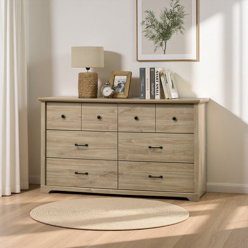 Commode 6 tiroirs 57 po avec poignées, Chêne clair