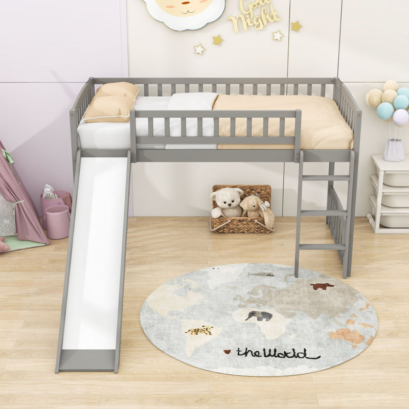 Lit mezzanine en bois simple avec glissoire Enguerrand, gris