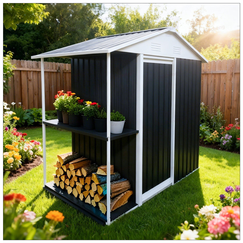 Remise de rangement extérieure en métal durable avec supports et tablettes intégrés, parfaite pour organiser les outils de jardin et les vélos