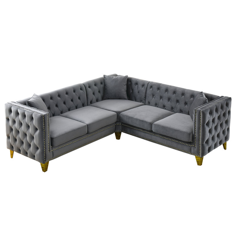 Canapé modulaire en L capitonné Tareena, Velours gris
