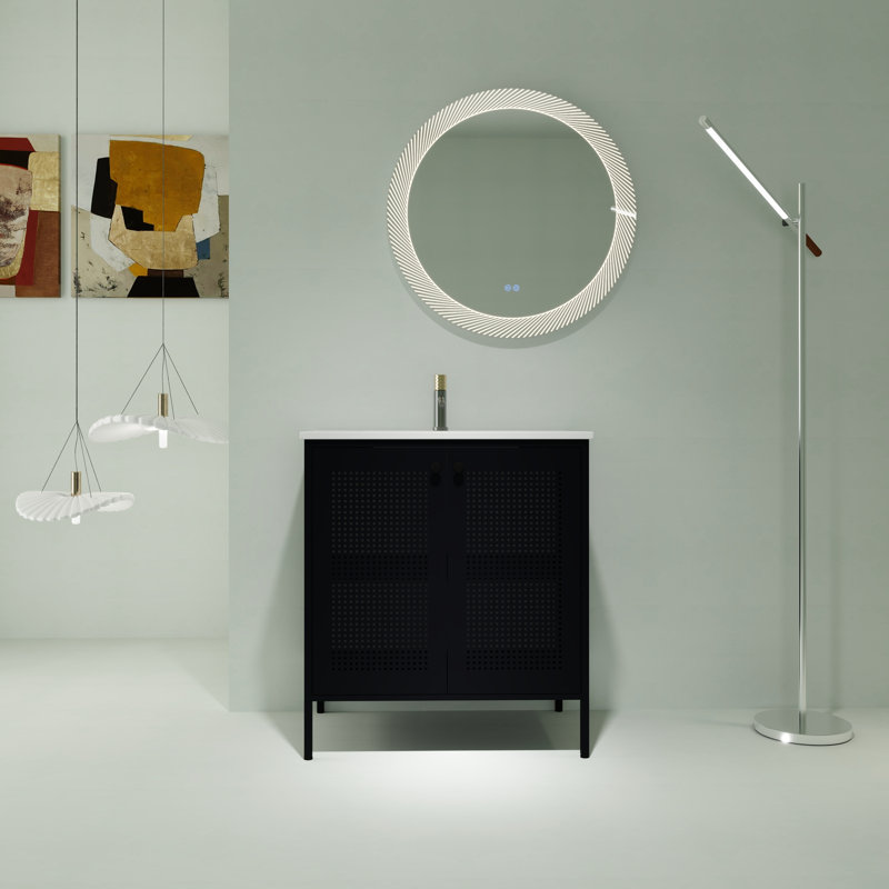 Meuble-lavabo autoportant de 30 pouces avec lavabo en céramique et tablettes réglables, Noir