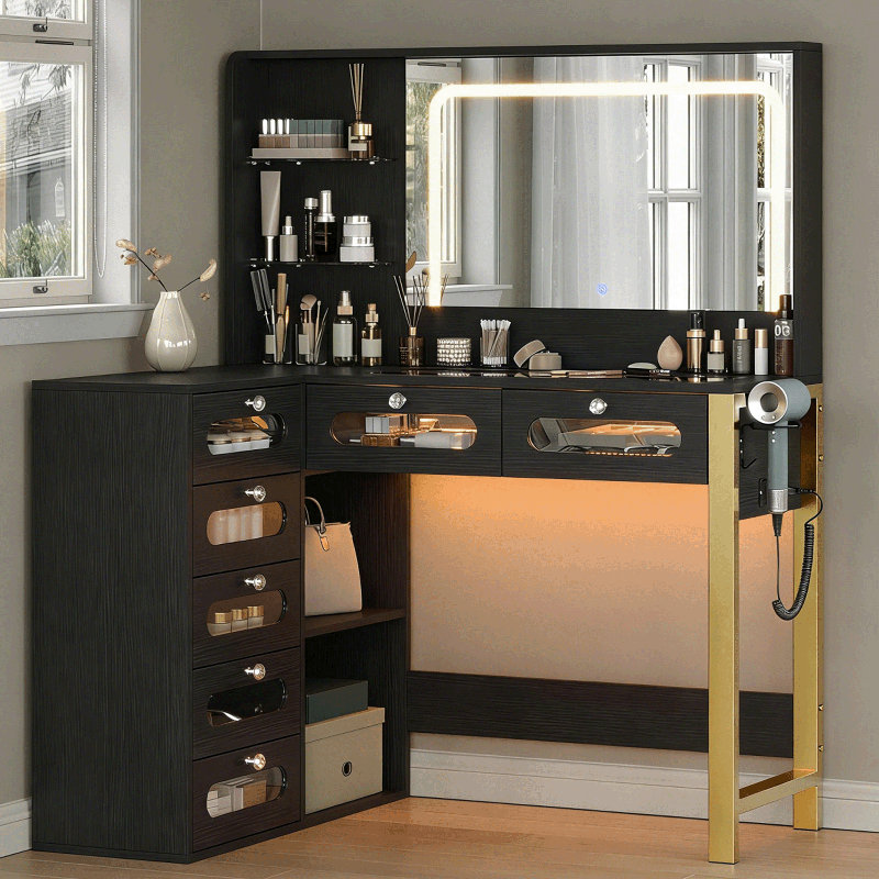 Vanity Desk with Mirror and Lights, 43" Big Modern Vanity Desk, Transparent Top Vanity with 2 RGB Drawers, with Power Outlet, Modern Ample Storage Dressing Table