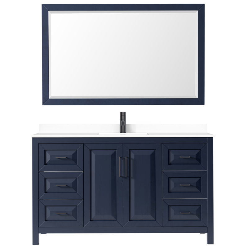 Daria 60'' W Single Vanity, Dark Blue, Brushed Gold, White Carrara Marble