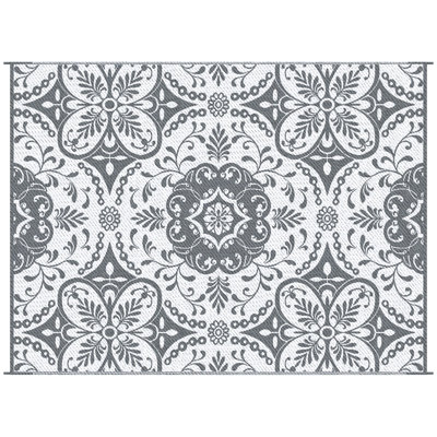 Revêtement de sol extérieur imperméable, 9 pi x 12 pi, floral gris et blanc. Convient au camping-car, au pique-nique, à la plage, à la cour ou sur la terrasse. Tapis en polypropylène réversible, portable avec sac de transport, respirant et réversible