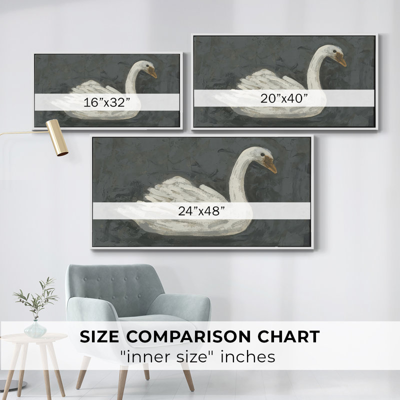 Cygne blanc / cygne noir II - Toile tendue avec châssis encadré - Prêt à être accroché, H 21 po x l 41 po, Blanc