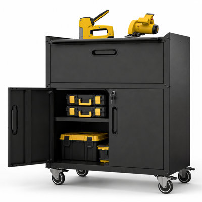 Armoire de rangement en métal robuste de 34,65 po avec tiroir et portes verrouillables, armoire de sécurité mobile de 320 lb avec tablette réglable, clôture surélevée et roulettes verrouillables pour garage, atelier et bureau, noir / gris