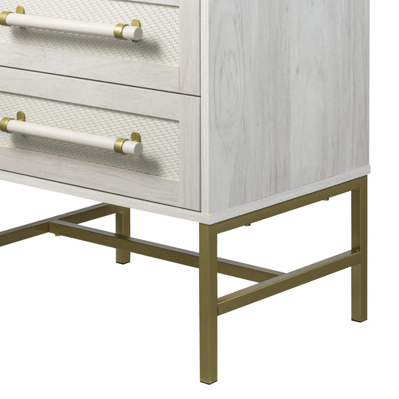 Hopper Studio Sophia 2-Drawer Nightstand in Sand Finish with Woven Look Fronts, Gold-Tone Bar Handles, and Slim Metallic Legs