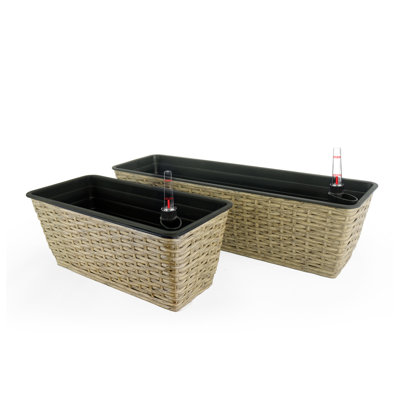 2-Pack Smart Self-Watering Wicker Planters - Indoor Outdoor Rectangle Rattan Planter Set with Water Level Indicator, Brown