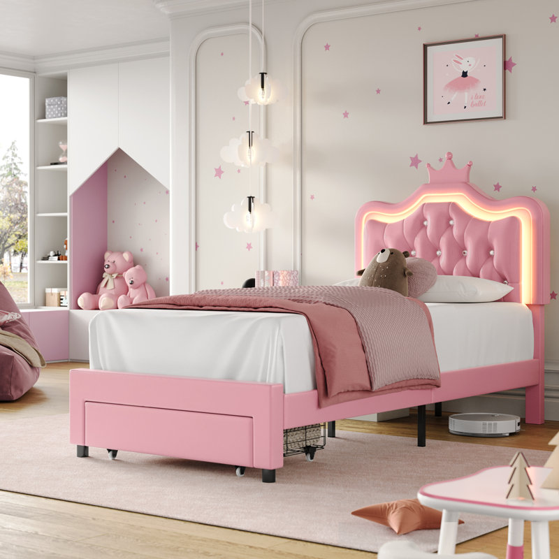 Largent Leather Upholstered Storage Bed with LED Lights and Crown Headboard, Kids Beds, Twin, Pink