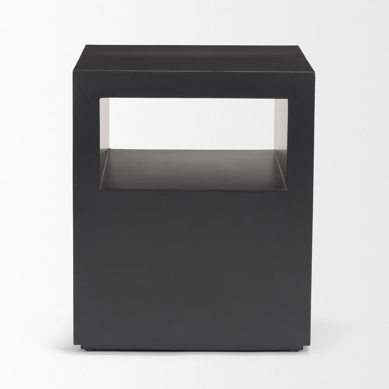 Bart Matte Black Metal Side Table with Open Shelves and Architectural Design