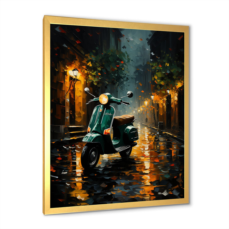 " Night Streets And Scooters III ", 40" H x 30" W x 1.5" D, Gold Single Picture Framed
