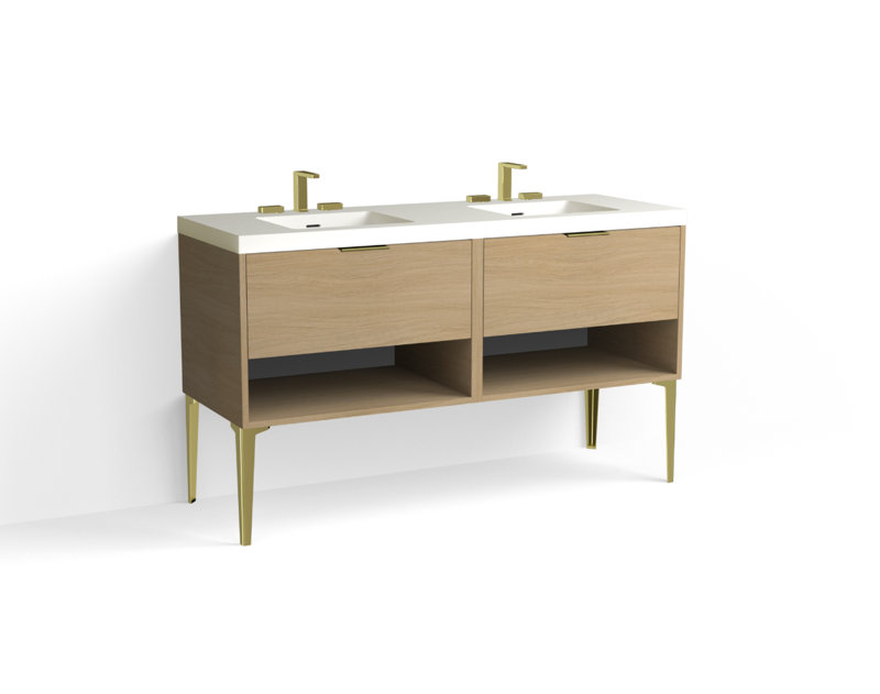 Modo 60" W Freestanding Double Bathroom Vanity with Dean Leg, Matte White/8" Widespread, Biondo, Polished Nickel