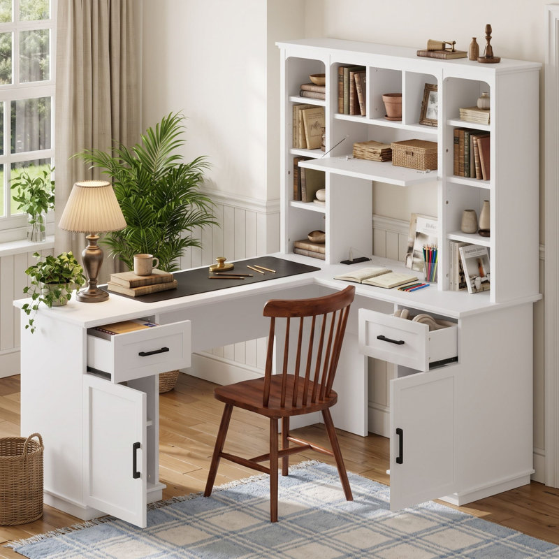 Bureau d'ordinateur en L avec armoire de rangement et prise de courant, Blanc