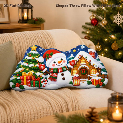 Mignon bonhomme de neige, hiver, scène de maison de Noël, coussin, cadeau de Noël, impression à plat, coussin décoratif en forme de coussin décoratif pour canapé de chambre à coucher, salon, fête de Noël, cadeau et décoration saisonnière des f