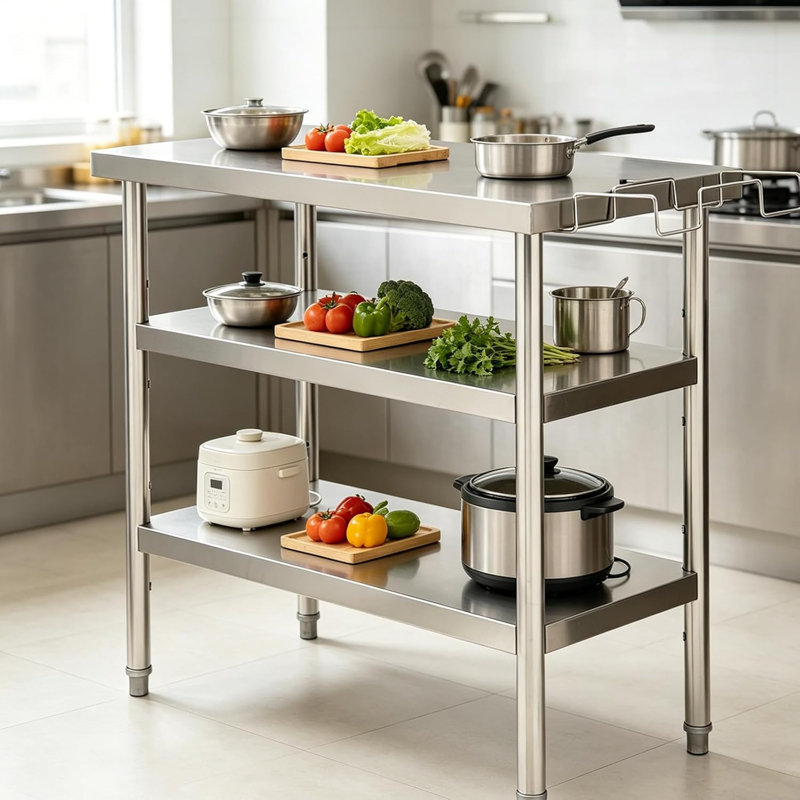 Table de travail à bord droit en acier inoxydable à trois couches avec tablette à ordures 36 po x 18 po x 35 po, table de préparation commerciale robuste, épaisseur 0,7 mm