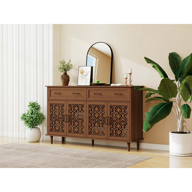 Vintage Sideboard Buffet Cabinet With 4 Hand-Carved Geometric Doors, 2 Drawers & Adjustable Feet, Walnut