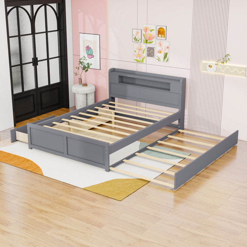 Queen Wooden Platform Bed with LED and Trundle and 2 Drawers, Gray