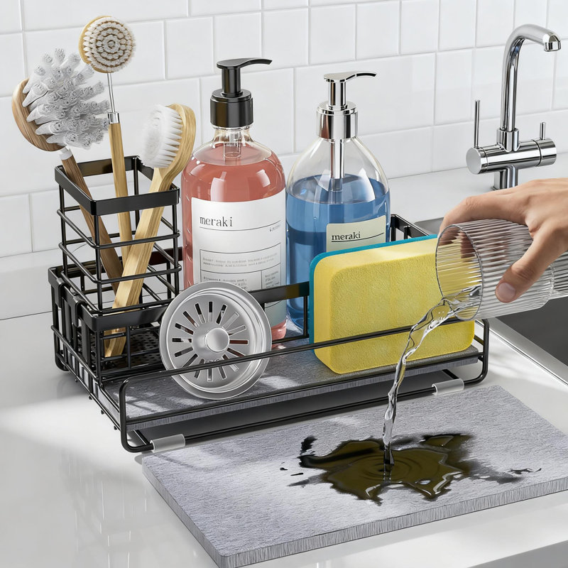 Support de rangement pour évier de cuisine avec tapis en diatomite à séchage instantané, éponge en acier inoxydable et support à récurer avec support à brosse amovible et base antidérapante