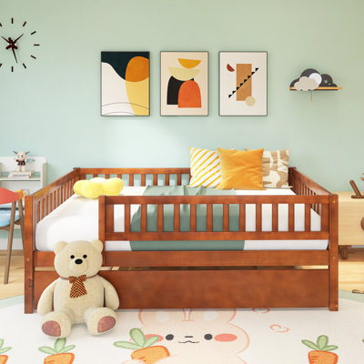 Wood Frame Daybed With Trundle And Fence Guardrails by Harriet Bee