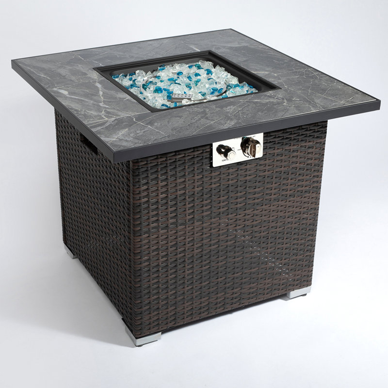 30" Propane Gas Fire Pit Table, 50000 BTU Square Fire Pit, Tile Tabletop With Beautiful Wicker Base For Outside Patio Deck Garden Courtyard-Brown