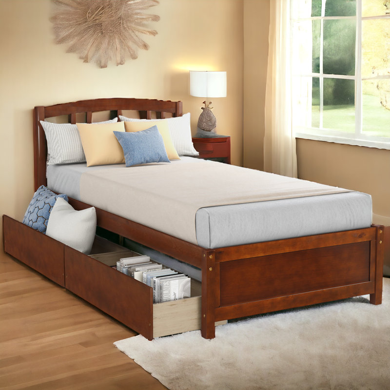Artra Platform Bed with Headboard, Twin, Walnut, Drawer