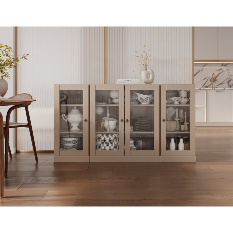 Buffet 100% bois massif 65 po avec portes en verre transparent et tablettes réglables, Beige