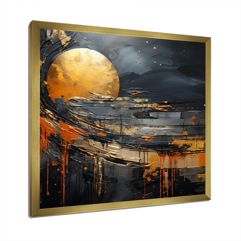 Marbre noir et orange lune II - décoration murale abstraite, H 30 po x l 30 po x P 1,5 po, Cadre doré simple