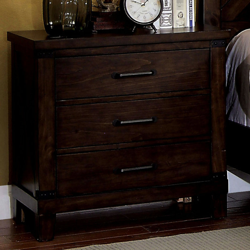 Rustic Style Dark Walnut Solid Wood Bedside Stand With 3 Drawers And Black Pulls 3 Table In Finish,