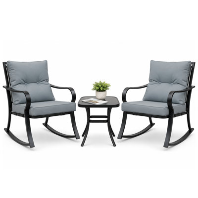 3-Piece Outdoor Rocking Chair Set, Patio Bistro Furniture Set with 2 Metal Rockers & Glass Top Coffee Table, Black Frame with Thick Gray Cushions (3.2”), Modern Porch Seating for Garden, Backyard & Balcony