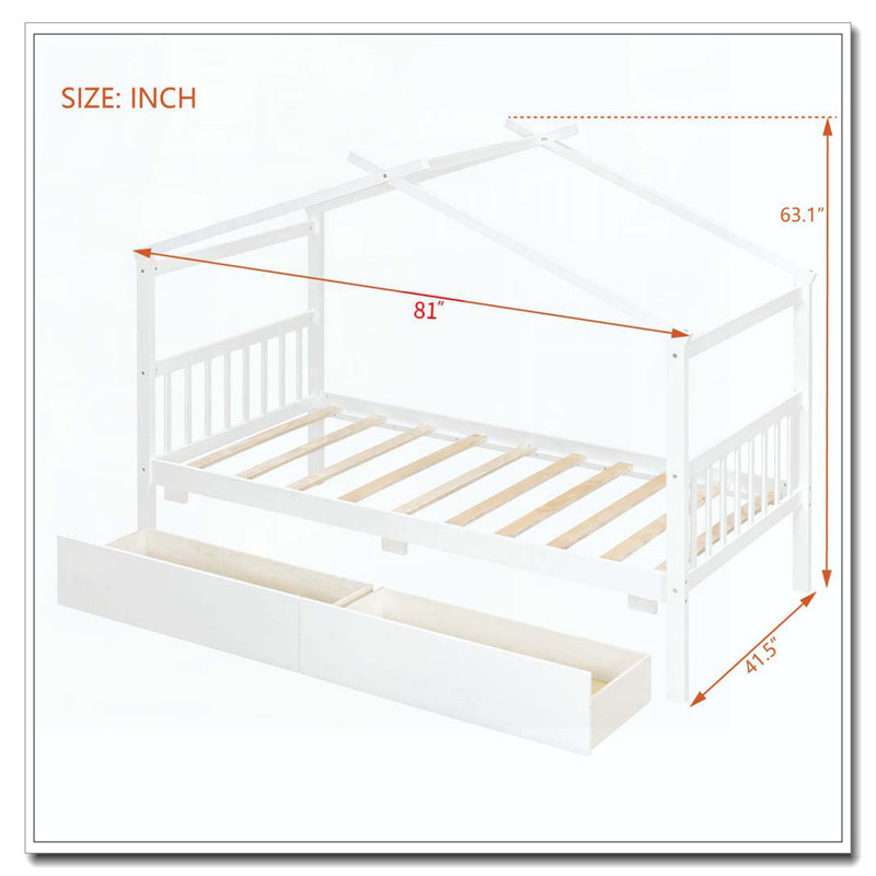 Lit en bois avec tiroirs, Simple, Blanc
