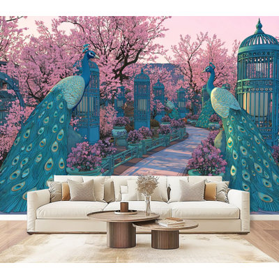 Papiers peints et adhésifs, scène de jardin tranquille, paon, fleurs, arbustes muraux, fleurs, papier peint amovible en PVC, H 69 po x l 96 po, adhésif mural pour salon de chambre