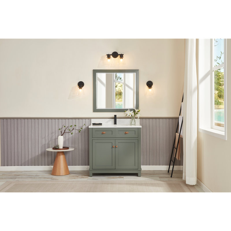 36" Solid Wood Sink Vanity With 1' Artificial Stone Top, Rose Gold, Pewter Green