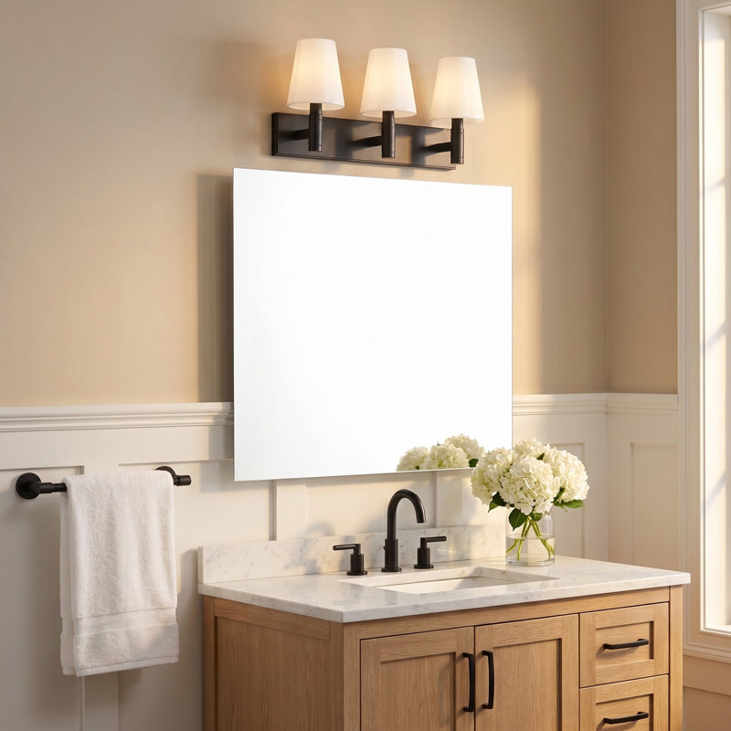 Thomas O'Brien Beckham Classic Bathroom Bedroom Wall Fixture In Aged Iron Finish With Milk Shade, 3 Lights