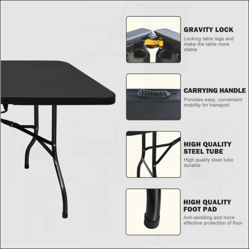Table pliante de 8 pi, table en plastique portative pour le camping, pique-niques, fêtes, table pliable à charge élevée