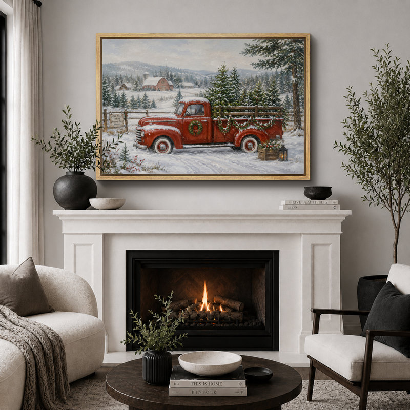 Illustration de camion de ferme d'hiver de Noël, images de vestibule, impression sur toile encadrée, Cadre naturel