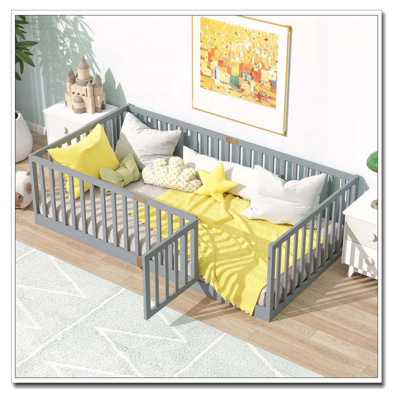 21.5"High Fence Railings Solid Wood  Floor Bed, Twin, Grey-with Door