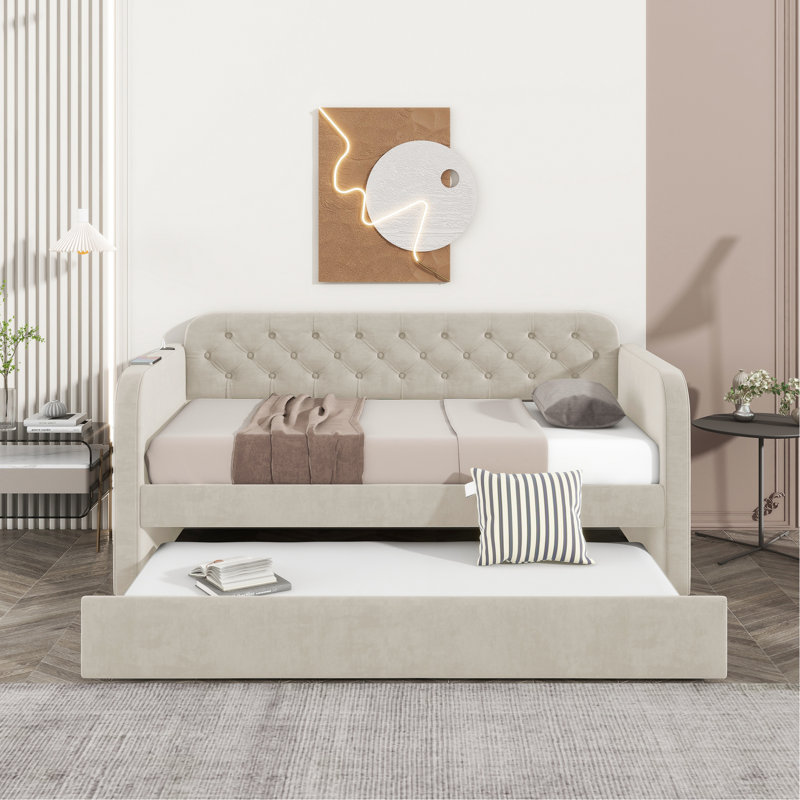 Twin Size Daybed With Trundle And Interface - Velvet Upholstered Frame For Bedroom Living Area, No Box Spring Property Guarantee Comfortable Bed & Room,