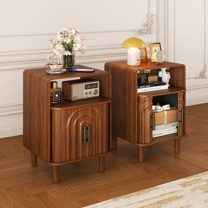 Fluted End Table With Storage Set Of 2, Small Bedside Table With Door