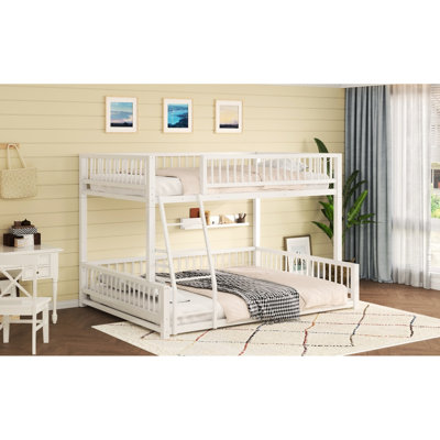 Full Xl Over Queen Metal Bunk Bed With And Guardrails, , No Box Spring Needed White Bed, Detachable Into Platform Beds, Space - Saving Safe