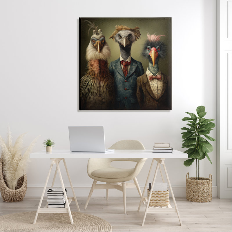 Oiseaux en costumes de fantaisie sur toile, H 36 po x l 36 po x P 1,5 po