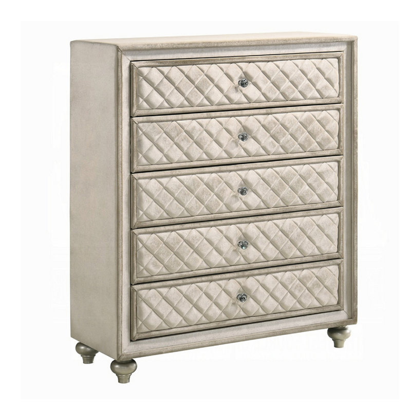 Commode haute Willa, 5 tiroirs, faux cristal, velours beige touffeté