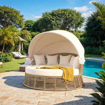 Round Rattan Outdoor Daybed with Retractable Canopy,with Removable Cushions