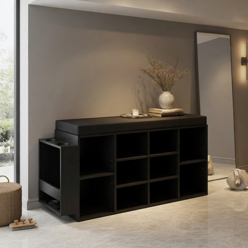 Banc de rangement à 10 casiers pour chaussures avec porte-parapluie - Rangement pour vestibule brun rustique et noir, sièges rembourrés, tablettes réglables pour le couloir, le vestibule ou le salon