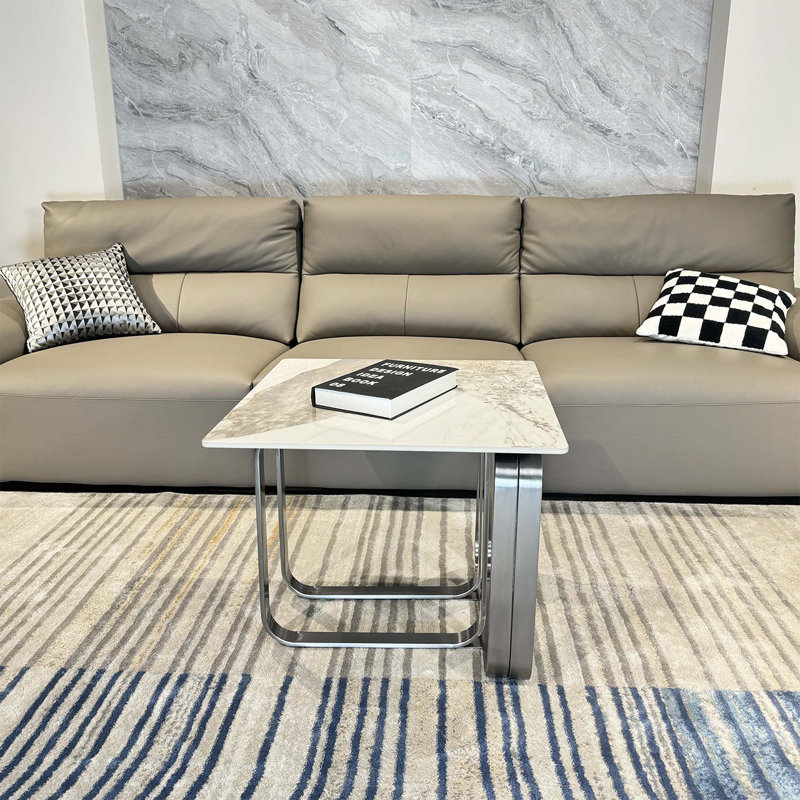 Table de bout rectangulaire avec plateau en pierre frittée, structure en métal, pour le salon, Argent argent