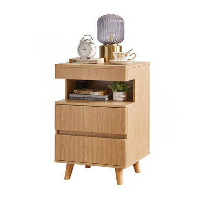 Modern Bedside Table with Gun Drawer,Bedside Table with Charging Station, 2 Drawers and Open Shelf,Side Table for Bedroom(Oak)